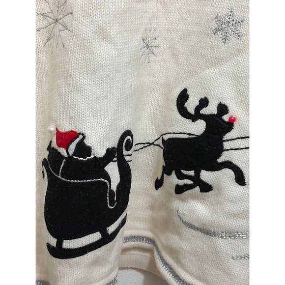 Vintage Womens 3D Santa And Reindeer Holiday Christmas Sweater Ivory Size L - Picture 2 of 11